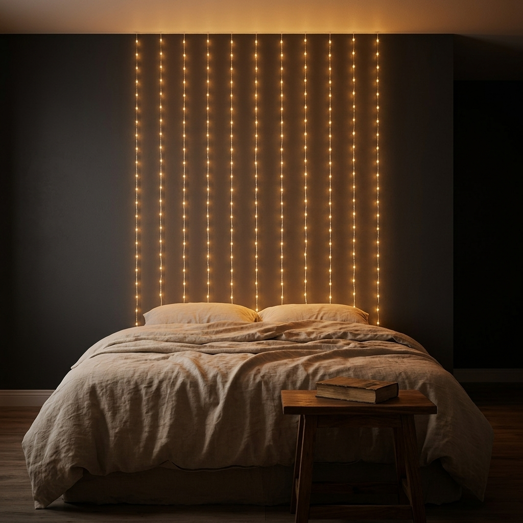 Norlume LED curtain lights glowing warm white on a dark bedroom wall behind a linen bed at night